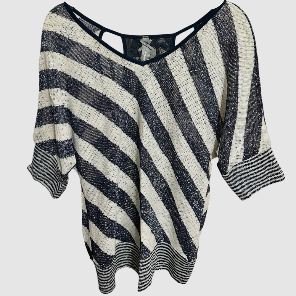 Vanity Navy Metallic and White Striped Dolma Style Knit Top-  NWOT Size L